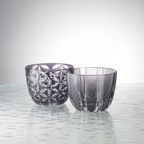 Lot de 2 verres à saké Edo Kiriko - Couleur raisin, 2 variétés (chrysanthème, feuilles de chanvre), verre à soba, Hanasho, Ø 8.2 × H 6.0 cm, Artisanat traditionnel de Tokyo, fait main
