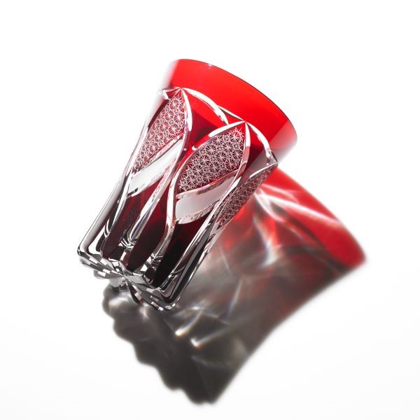 Edo Kiriko,Verre à whisky, motif de chrysanthème et parasol, kurenai (rouge foncé), Hanasho, Ø 7.5 × H 11.0 cm, Artisanat traditionnel de Tokyo, fait main	