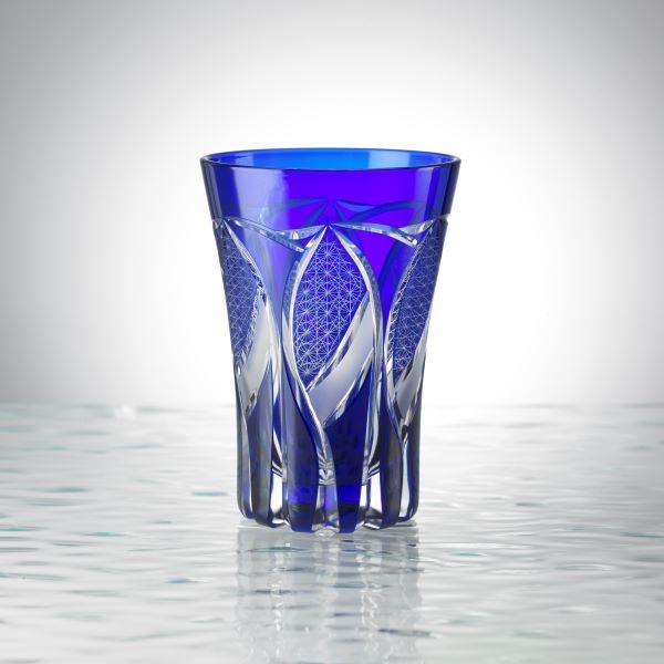 Edo Kiriko, Verre à whisky, motif de chrysanthème et parasol, lapis-lazuli (bleu), Hanasho, Ø 7.5 × H 11.0 cm, Artisanat traditionnel de Tokyo, fait main