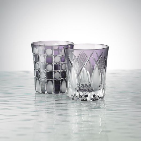 Edo Kiriko, Ensemble de 2 verres à saké - Couleur pourpre, 2 designs (damier, chrysanthème), Hanasho, Ø 6.0 × H 7.0 cm, Artisanat traditionnel de Tokyo, fait main		