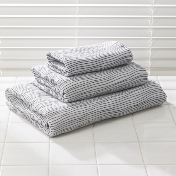  Ensemble de serviettes (motif à rayures) – Serviettes double gaze, ensemble de 3 pièces (serviette de bain, serviette à mains, gant de toilette), motif Edo Komon, bleu marine avec rayures blanches, serviettes Uchino