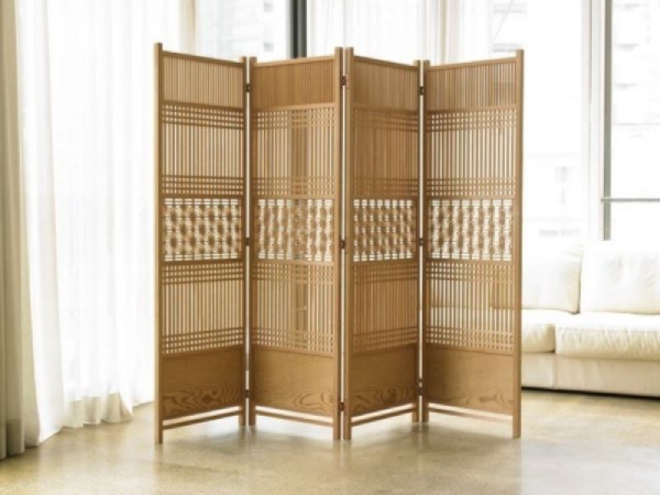 Artisanat du bois Kumiko Paravent à quatre panneaux avec claire-voie et motifs de feuilles de chanvre (8 petits shoji inclus) - Bois naturel, H165 x L50 cm x 4 panneaux