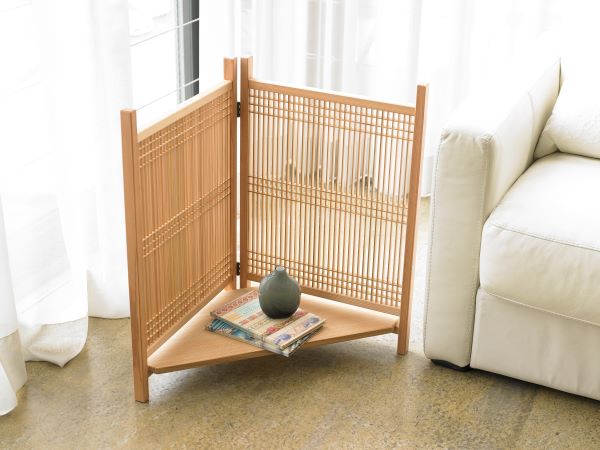 Artisanat du bois Kumiko Étagère d'angle (petite) - Bois naturel, H 60 x L 40, étagères amovibles
