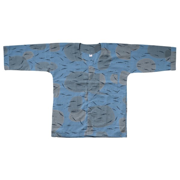 Chemise en tissu de kimono d’été yukata – AYU FROM/bleu marine – Motif de poisson ayu, chemise « TEWSEN », étoffe wazarashi, chemise de style dabo, unisexe