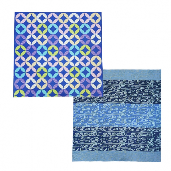 Ensemble Furoshiki Kanzesui(bleu) et Shippo(bleu), 100% coton, imprimé à la main, 90×90cm, toile large, sac fourre-tout, enveloppe de bento, usage quotidien, matériau fin, Chikusen, souvenir, cadeau