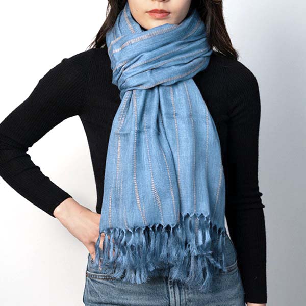 Étole - KUMIHIMO, Teinture Tatsumaki, tresse plate, bleu, rayures, grande, écharpe, Ryukobo, kimono, Japonais, Tokyo, artisanat traditionnel, soie, cadeau, fait main