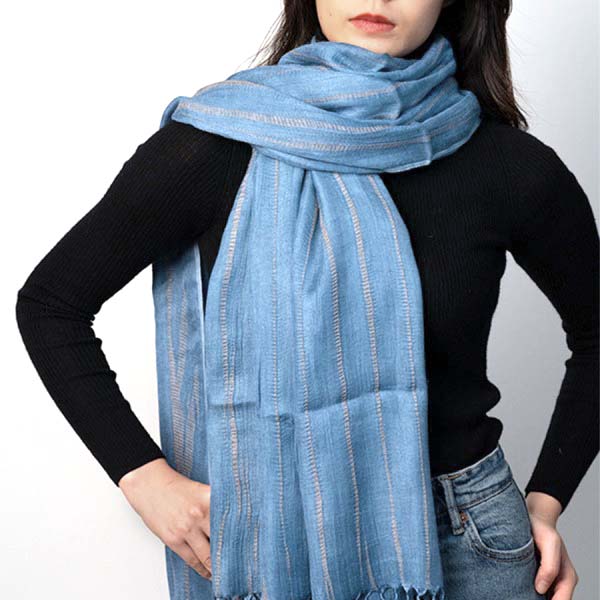 Étole - KUMIHIMO, Teinture Tatsumaki, tresse plate, bleu, rayures, grande, écharpe, Ryukobo, kimono, Japonais, Tokyo, artisanat traditionnel, soie, cadeau, fait main