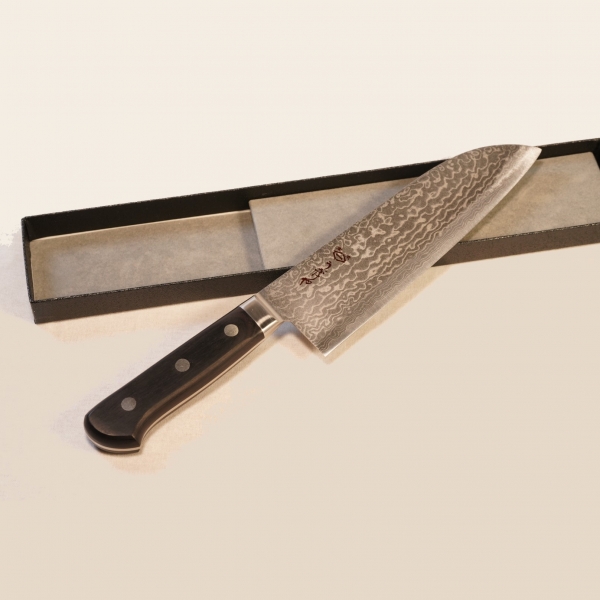 Couteau Santoku en acier laminé - Longueur de la lame : environ 17,5 cm, largeur de la lame : environ 4,9 cm, couteau Damas