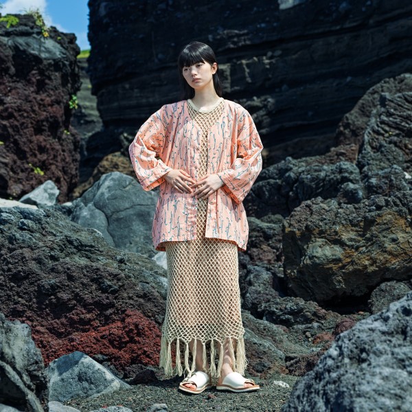 NARABI WARABI/rose – Motif de fougères, chemise « TEWSEN », étoffe wazarashi, chemise de style dabo, unisexe