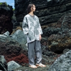 Chemise en tissu de kimono d’été yukata – AYU FROM/grise – Motif de poisson ayu, chemise « TEWSEN », étoffe wazarashi, chemise de style dabo, unisexe