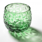 Edo Kiriko,verre,Guinomi,Asa no Ha,vert,Hanasho,feuille de chanvre,saké,artisanat traditionnel,fait main,souvenir,cadeau,fait à la commande