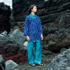 NARABI WARABI/bleue – Motif de fougères, chemise « TEWSEN », étoffe wazarashi, chemise de style dabo, unisexe